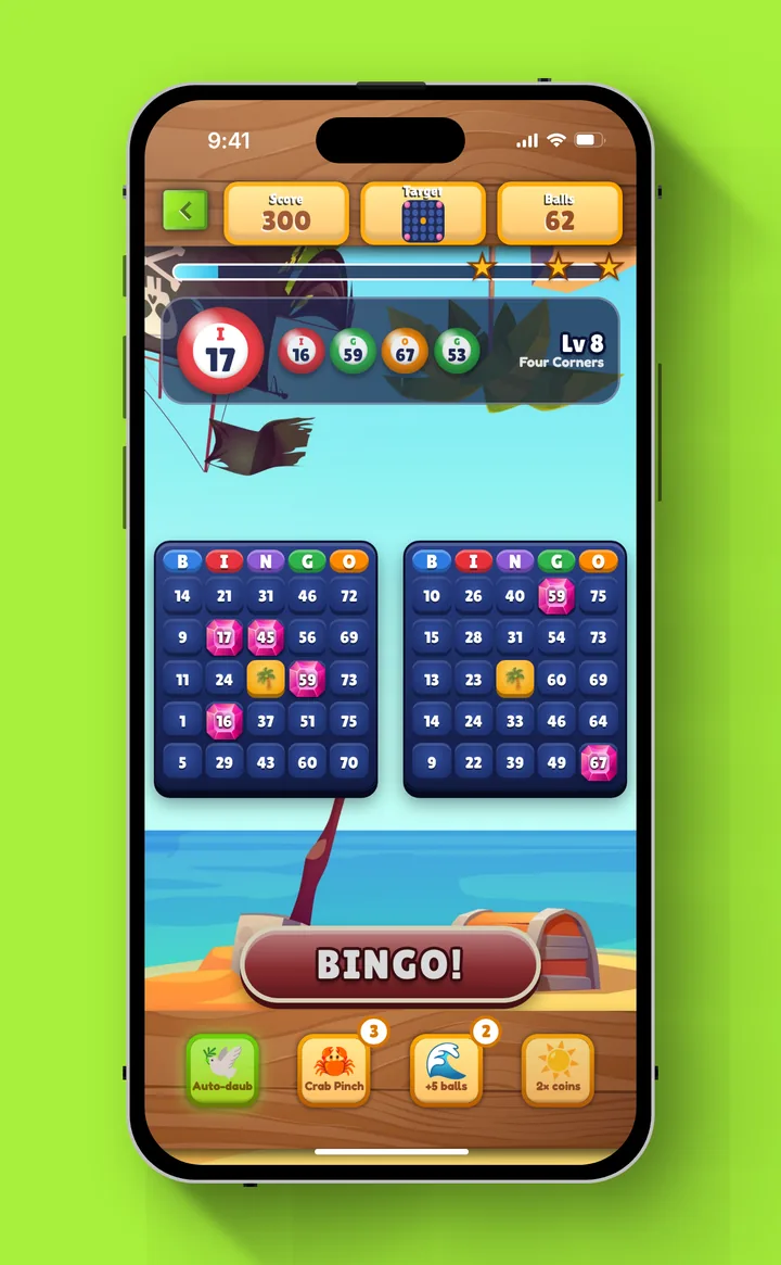 Two bingo cards mid-game, with the BINGO button and boosts