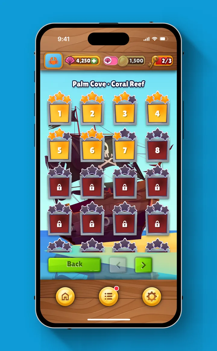 Palm Cove’s levels on a pirate ship, the first seven starred