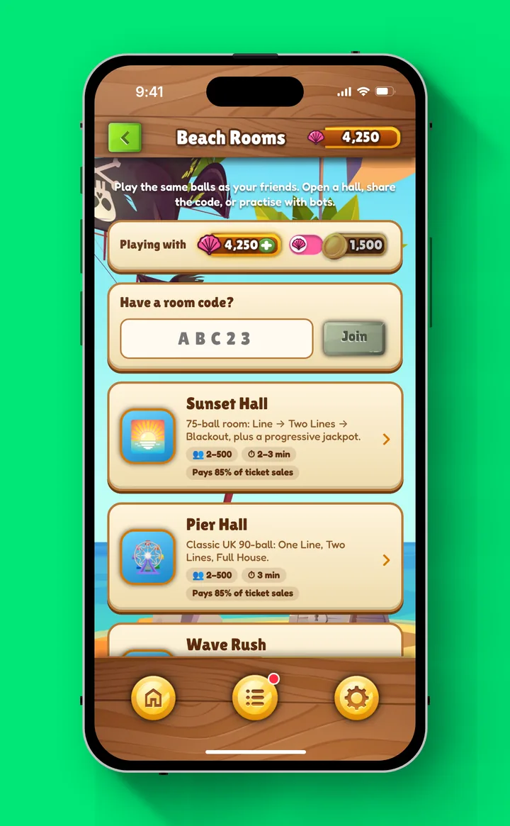 Beach Rooms: join a friend’s room by code, or pick a hall