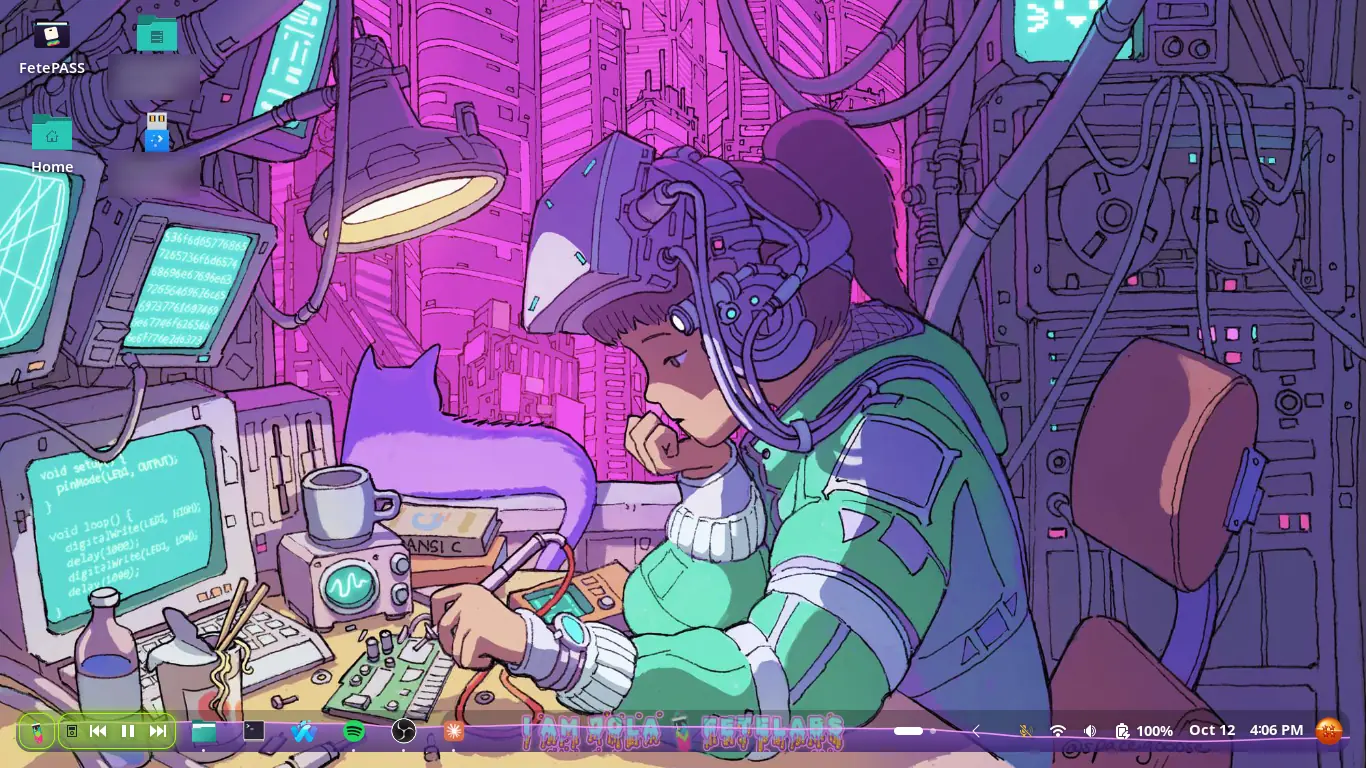A purple and pink illustrated lab wallpaper with the bar filled with lilac water, the JOLA FETELABS wordmark dripping through it and a Dragon Ball at the right end
