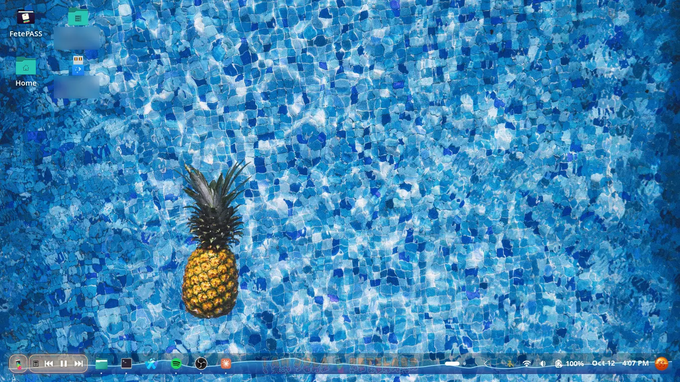 A pineapple floating in a blue tiled pool, with the bar’s water turned the same blue and the wordmark faint beneath its surface